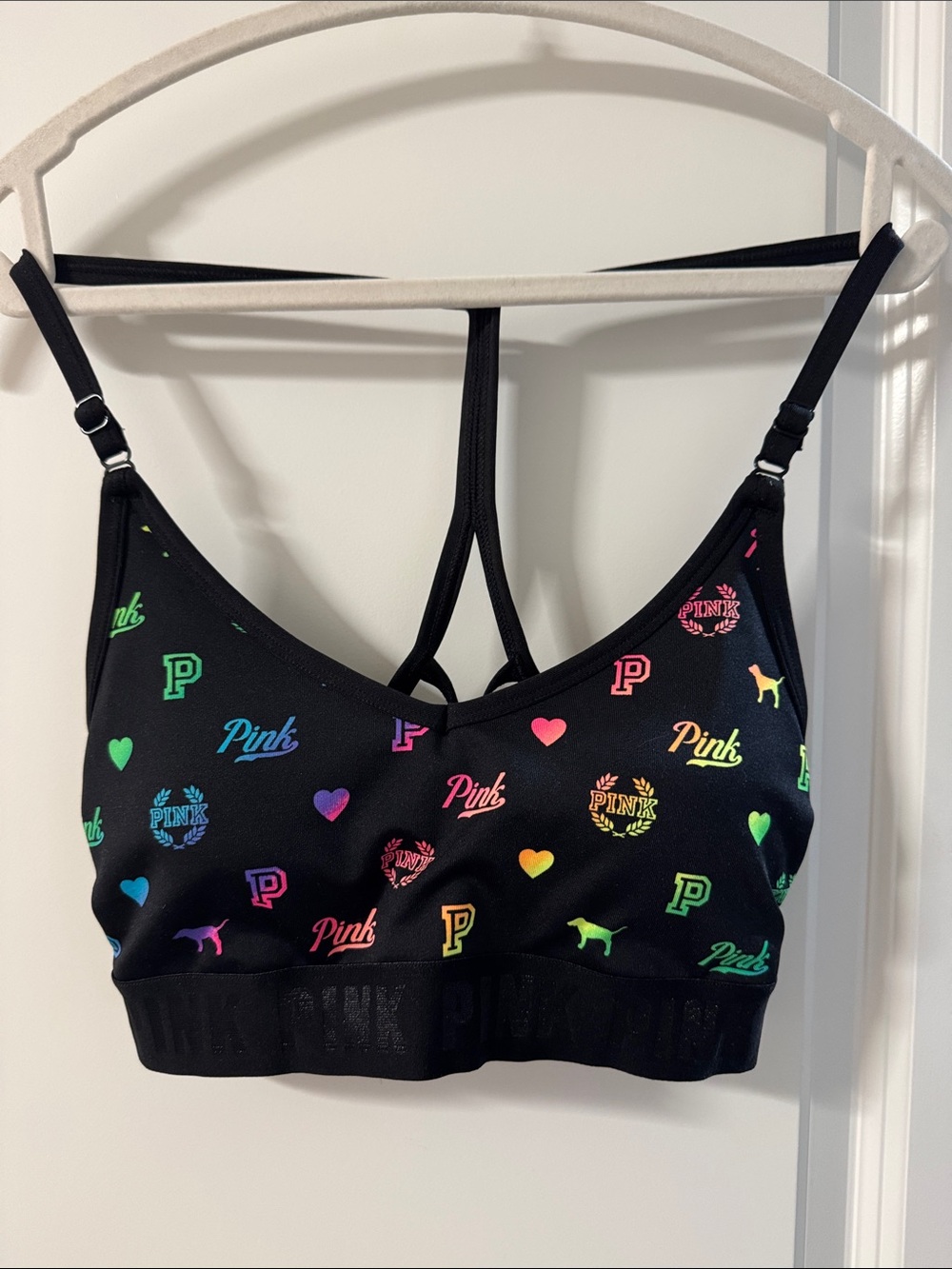 PINK Victoria's Secret Black Rainbow Logo Sports Bra
